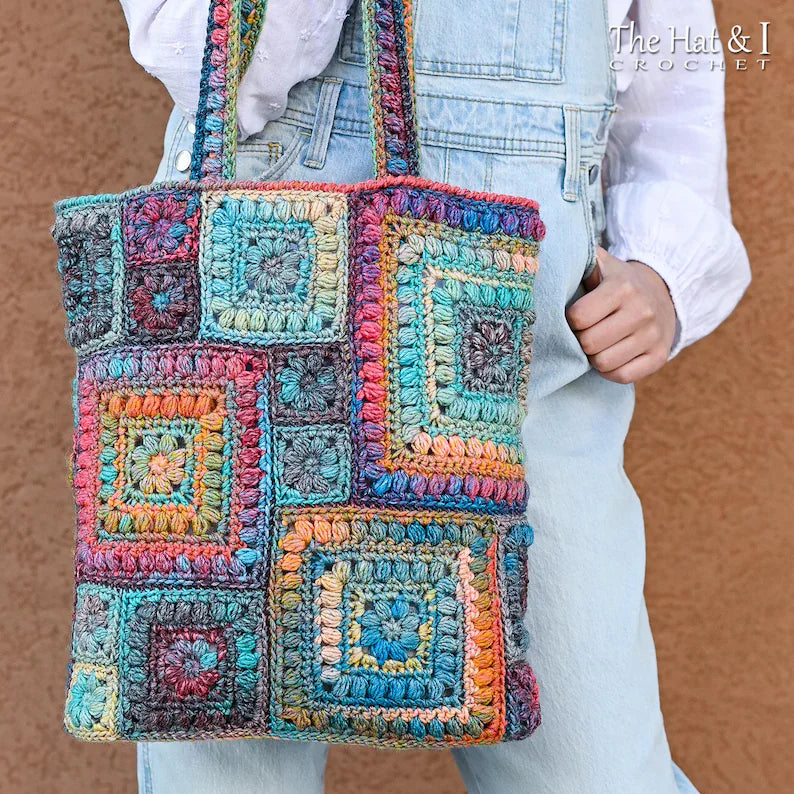 CROCHET PATTERN - Square Scramble Sack - crochet tote bag pattern, boho granny square tote sack pattern, colorful crochet bag - PDF Download