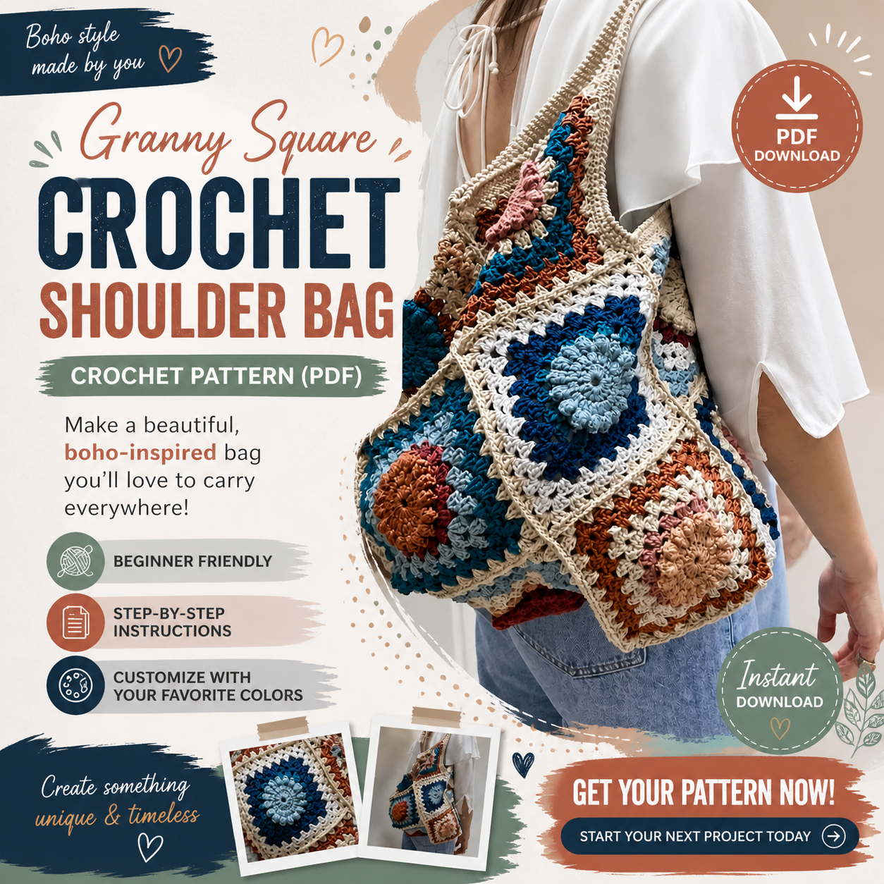 Granny Square Crochet Shoulder Bag Pattern (PDF)