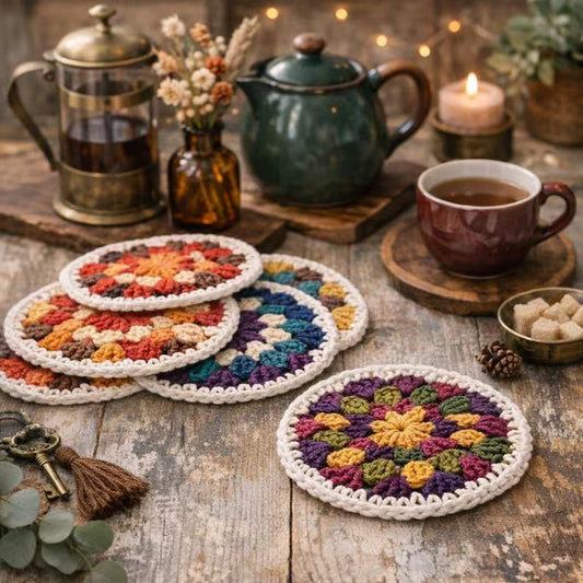 🧶 Rustic Granny Circle Coaster Crochet Pattern PDF 🌿 Cozy Cottagecore Coaster Set ✨ Easy Beginner-Friendly Design ☕