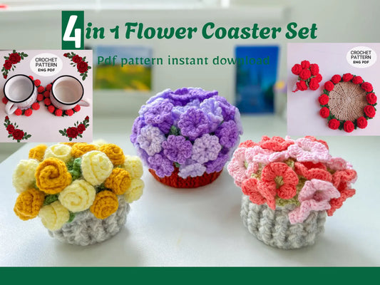 🌸 Flower Pot Coaster Set Pattern – DIY Crochet Floral Coasters 🌼 | Beginner-Friendly Home Decor 🏡 | Perfect for Mother’s Day 💐 or Housewarming 🎁 | Includes Video Tutorial 🎥