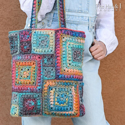CROCHET PATTERN - Square Scramble Sack - crochet tote bag pattern, boho granny square tote sack pattern, colorful crochet bag - PDF Download